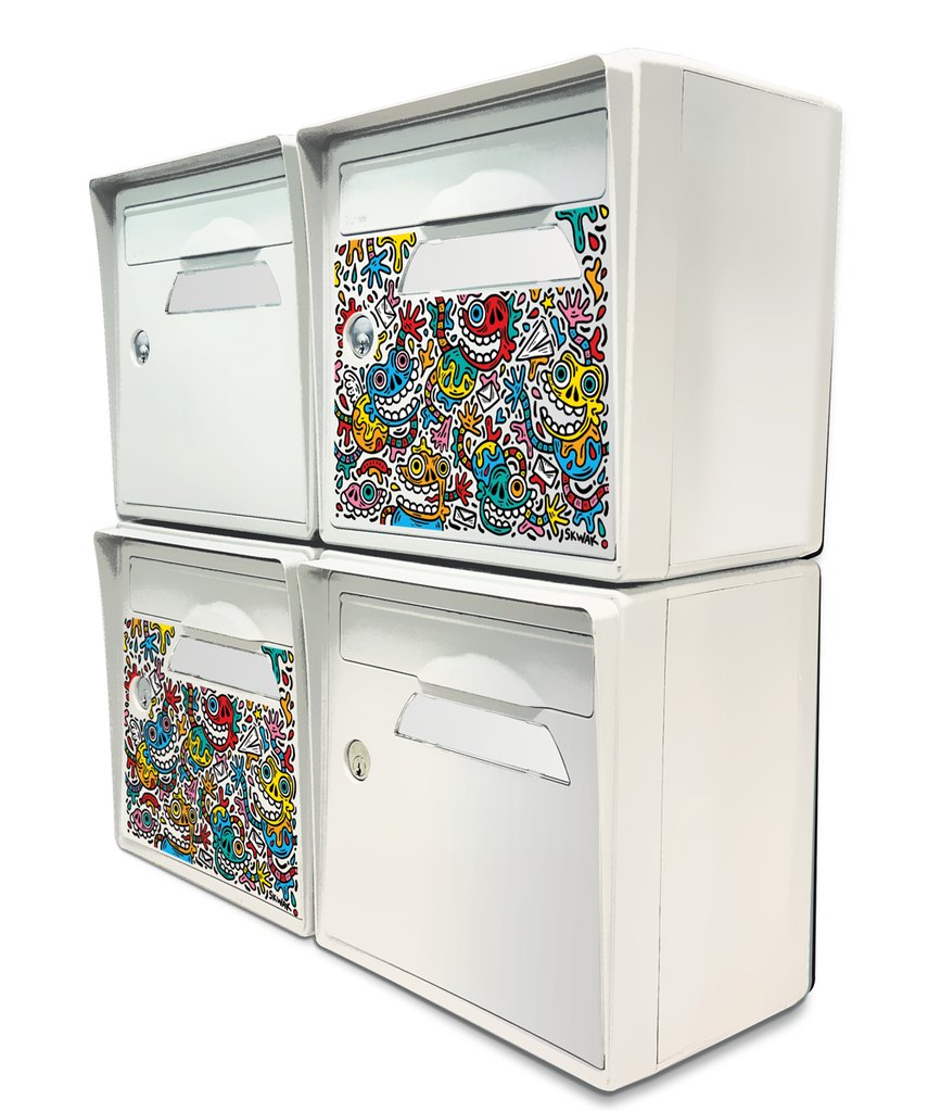 [SICBL-SKBL-X4] Pack de 4 boîtes aux lettres murales - 2x "The Maniac World" [SKWAK] - 2x "Blanc ivoire"